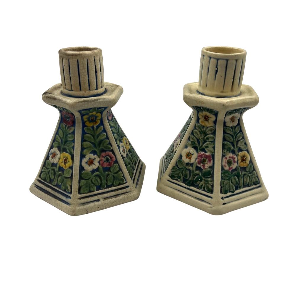 Antique Weller Pottery Florala‎ Short Candlestick Holders 1920's Cottage Core